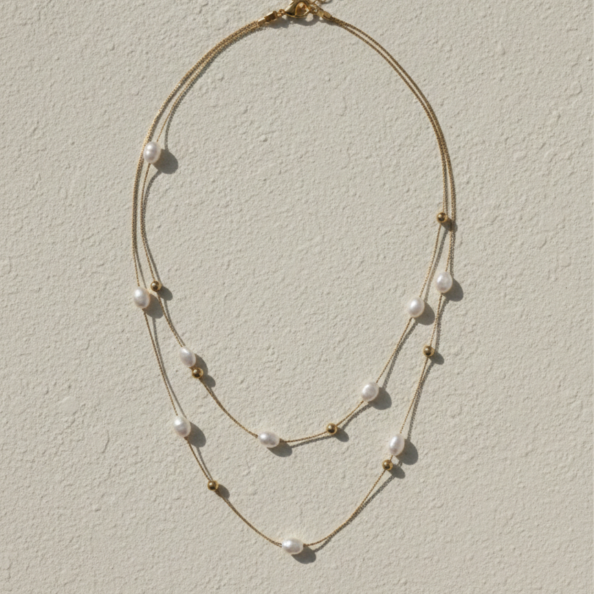 Double strand gold necklace with white baroque pearls and gold beads on white surface.