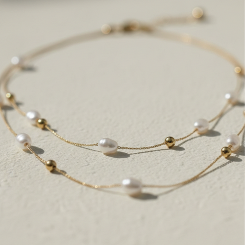 Double strand gold necklace with white baroque pearls and gold beads on white surface.