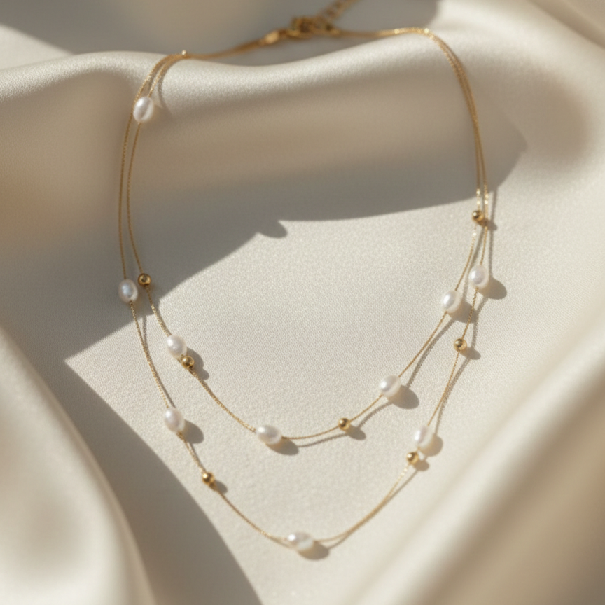 Double strand gold necklace with white baroque pearls and gold beads on white surface.