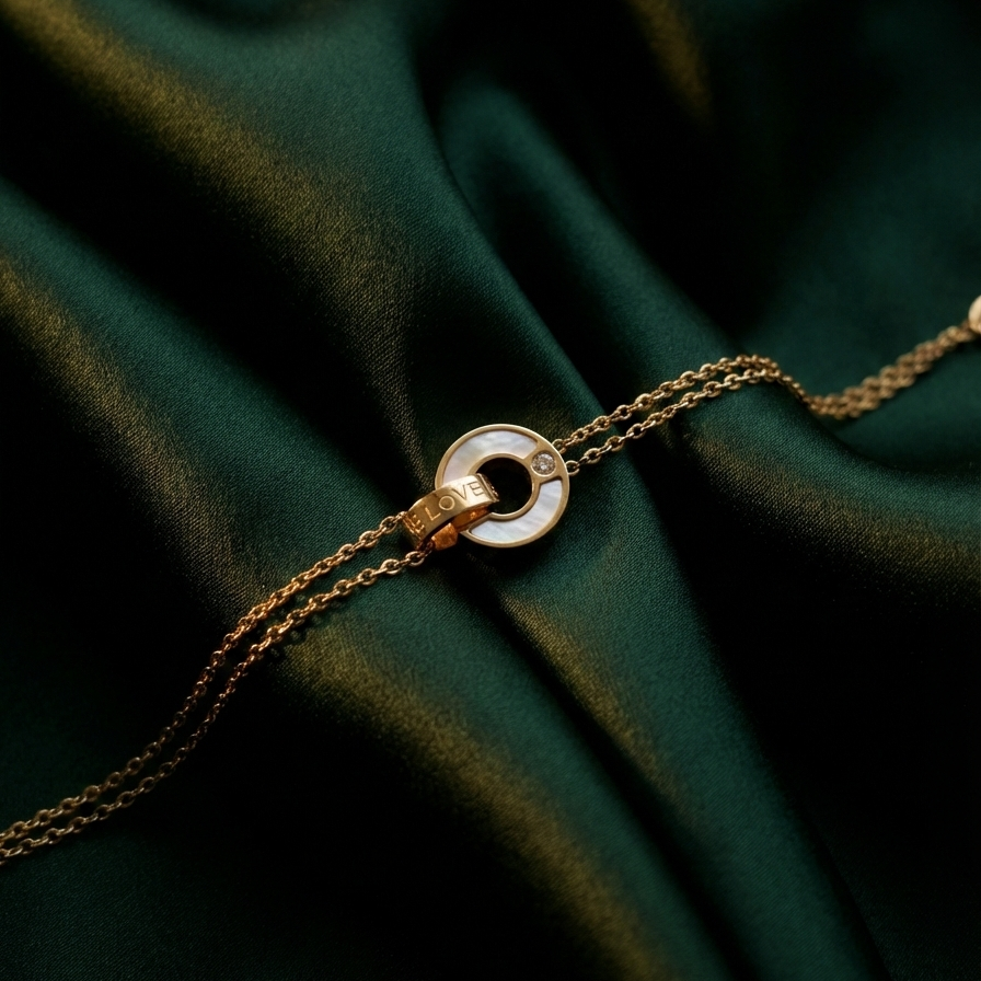 Gold chain bracelet with interlocking circles, mother of pearl inlay and engraved LOVE text on stone background.
