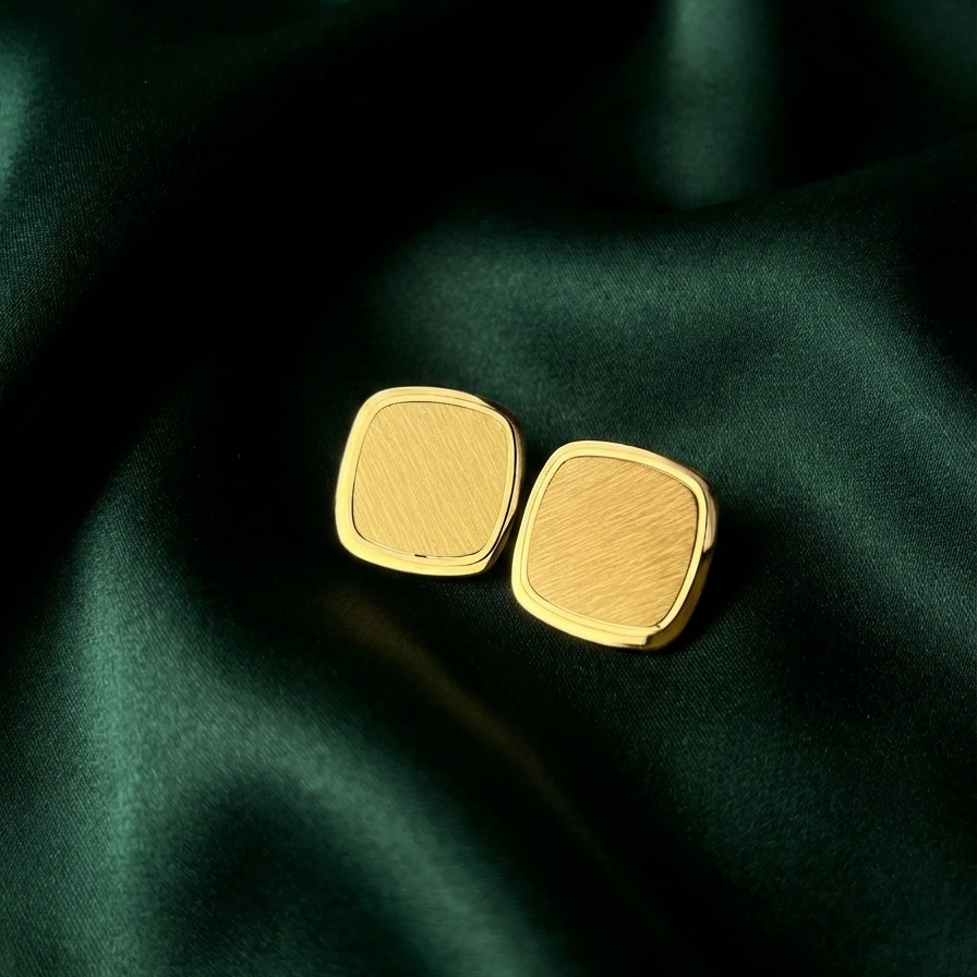 Square gold stud earrings with matte brushed texture and polished rim on white surface.