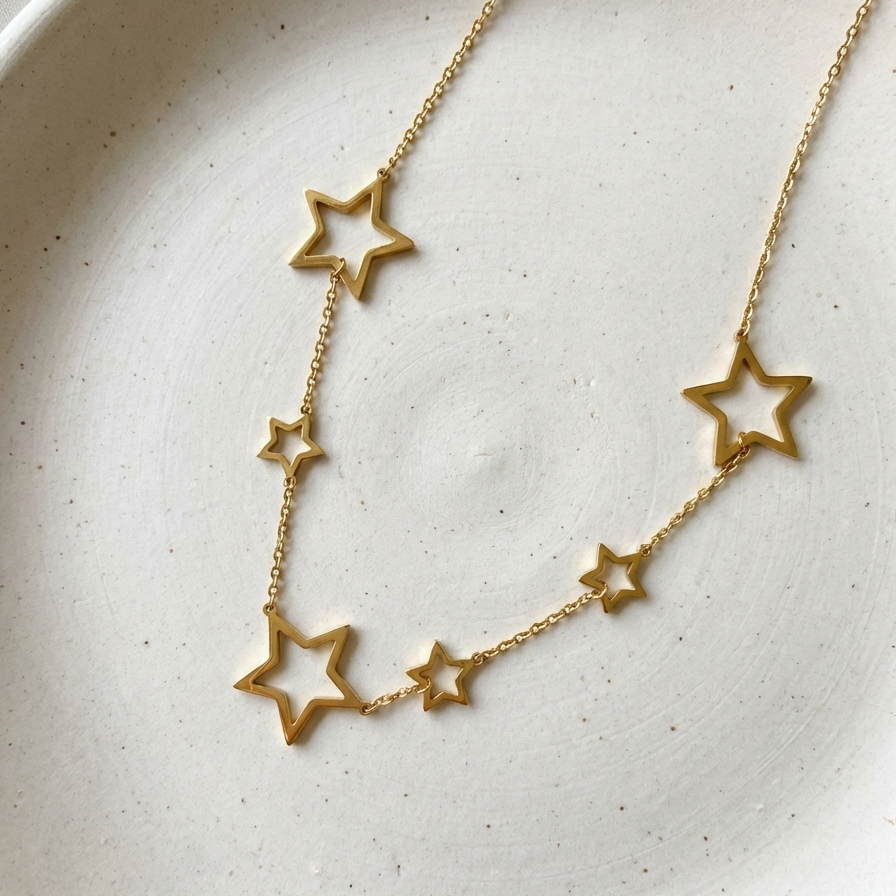 Gold chain necklace with multiple open star charms spaced out on white plate.