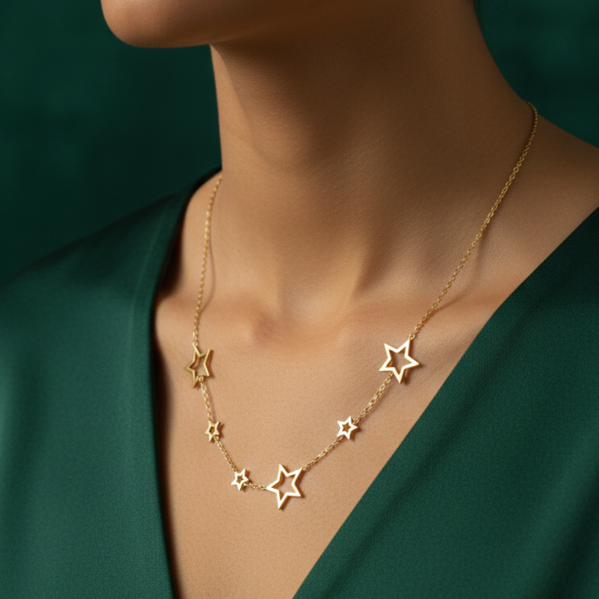 Gold chain necklace with multiple open star charms spaced out on white plate.