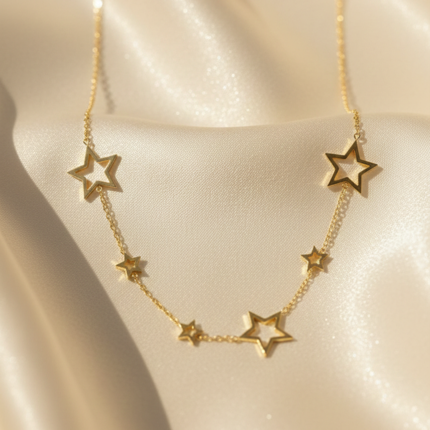 Gold chain necklace with multiple open star charms spaced out on white plate.