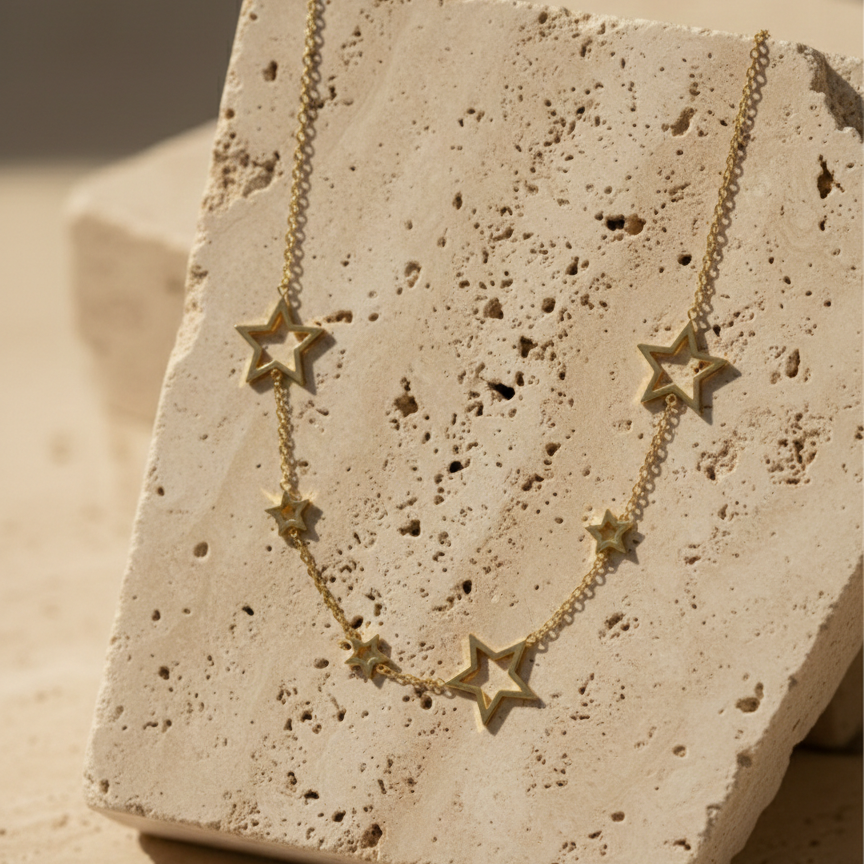 Gold chain necklace with multiple open star charms spaced out on white plate.