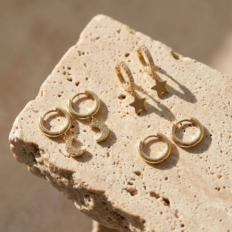 Set of gold huggie earrings with dangling star and moon charms on packaging card.