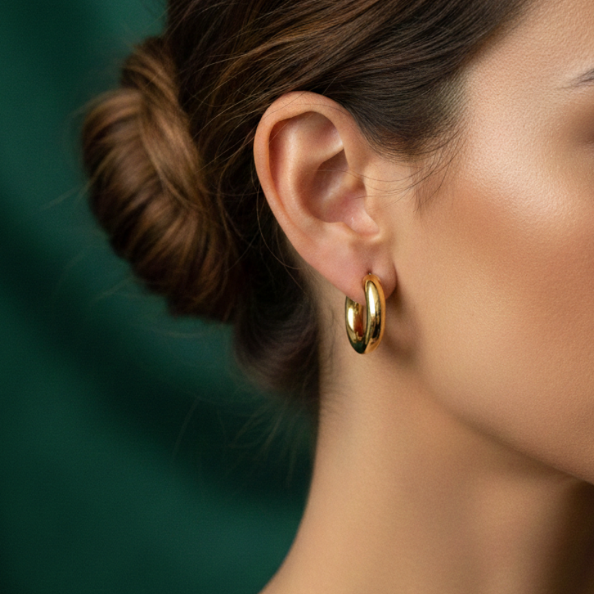 Pair of chunky gold tube hoop earrings on white background.
