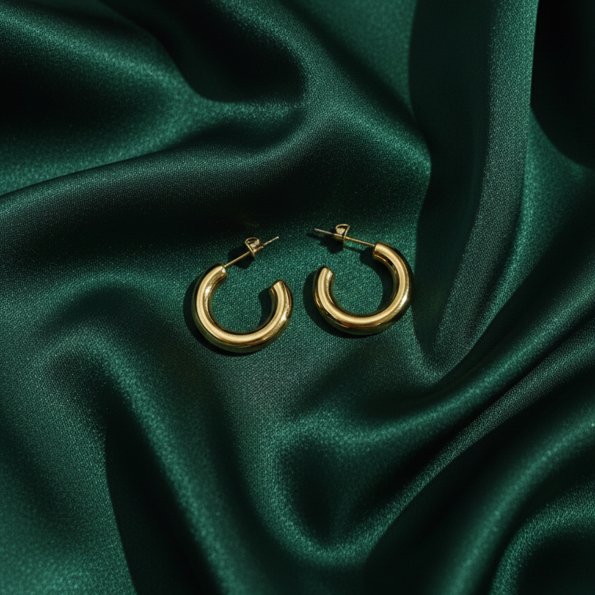 Pair of chunky gold tube hoop earrings on white background.