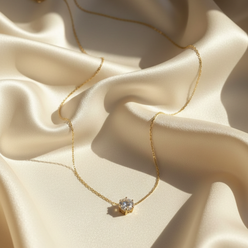 Single round crystal solitaire pendant necklace on white fabric background.