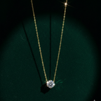 Single round crystal solitaire pendant necklace on white fabric background.