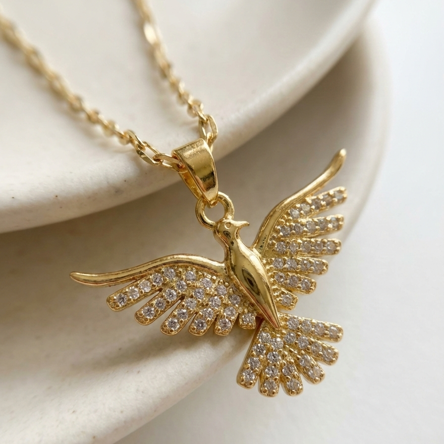 Gold dove pendant necklace with crystal zirconia wings in beige jewelry box packaging.