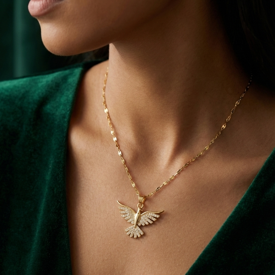 Gold dove pendant necklace with crystal zirconia wings in beige jewelry box packaging.