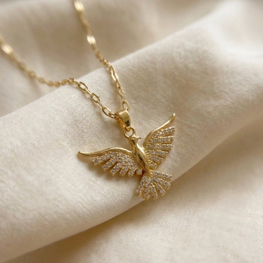 Gold dove pendant necklace with crystal zirconia wings in beige jewelry box packaging.