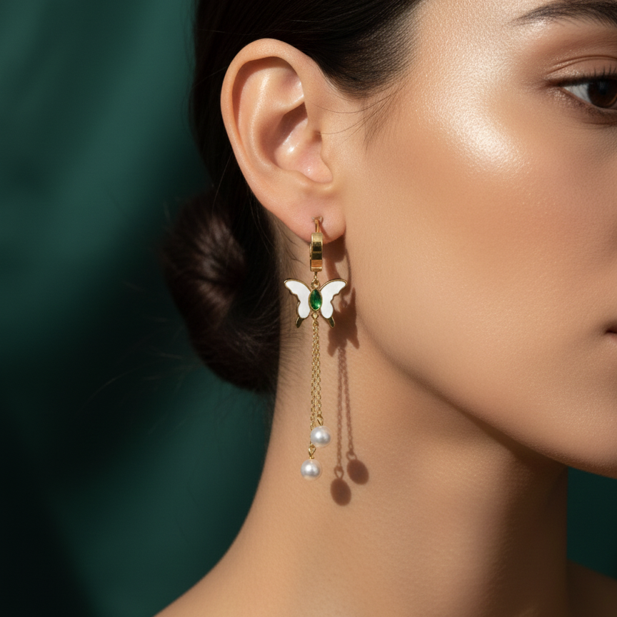 Gold butterfly huggie earrings with green stone center and dangling pearl chains on beige background.