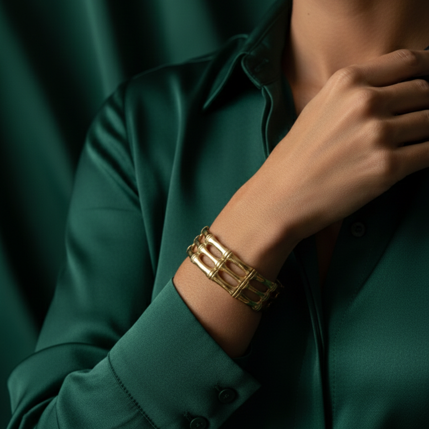 Wide gold cuff bracelet with openwork bamboo design on white background.