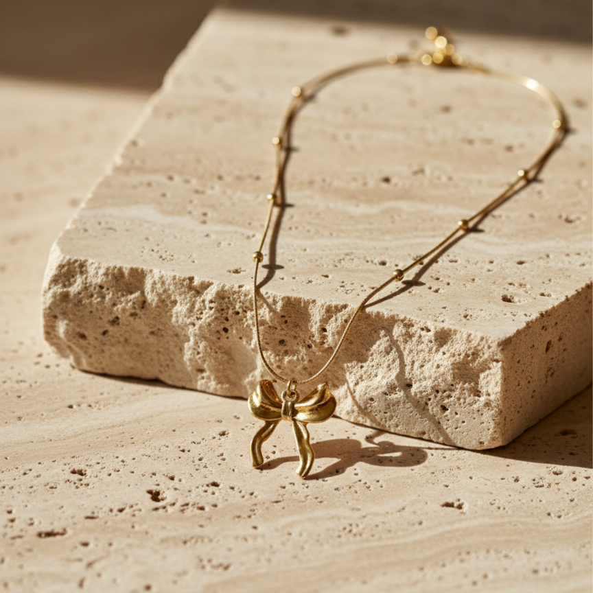 Gold 3D puffed bow necklace pendant on snake chain waterproof jewelry white background.