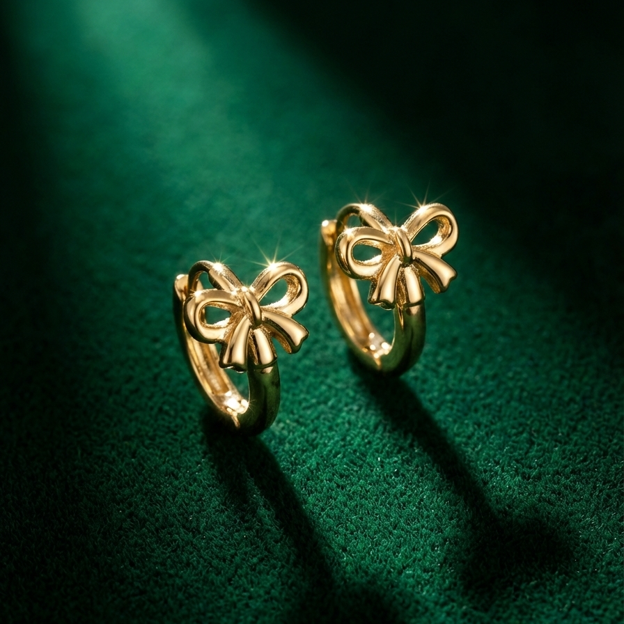 Gold ribbon bow huggie earrings on white ceramic plate.