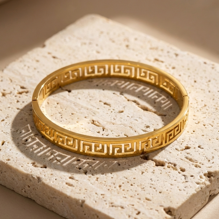 Gold oval bangle bracelet with cut-out Greek Key pattern on white plate.