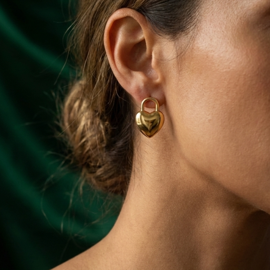 Gold puffy heart padlock earring worn on ear model.