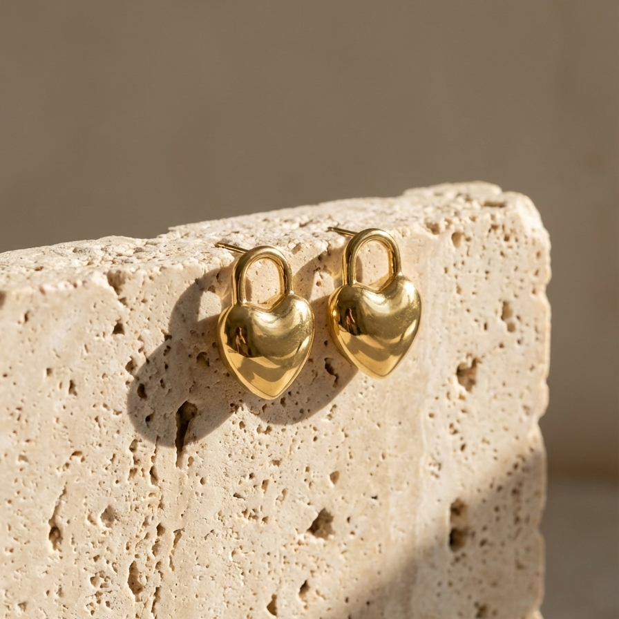 Gold puffy heart padlock earring worn on ear model.