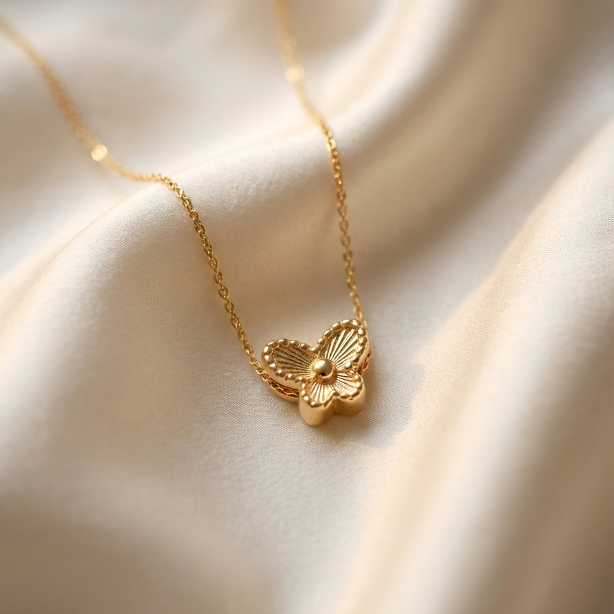 Small gold butterfly pendant with textured wings on white plate.