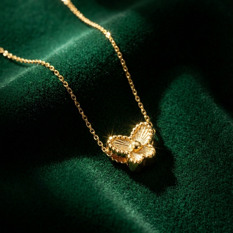 Small gold butterfly pendant with textured wings on white plate.