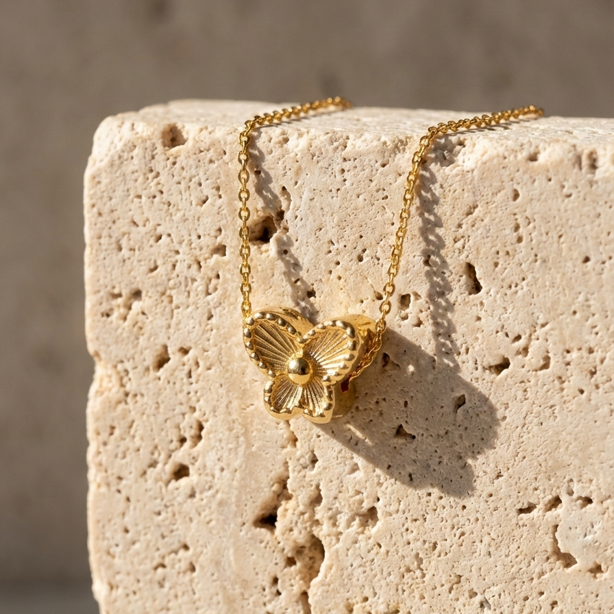 Small gold butterfly pendant with textured wings on white plate.