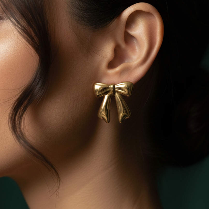 Large gold ribbon bow stud earrings on white background.