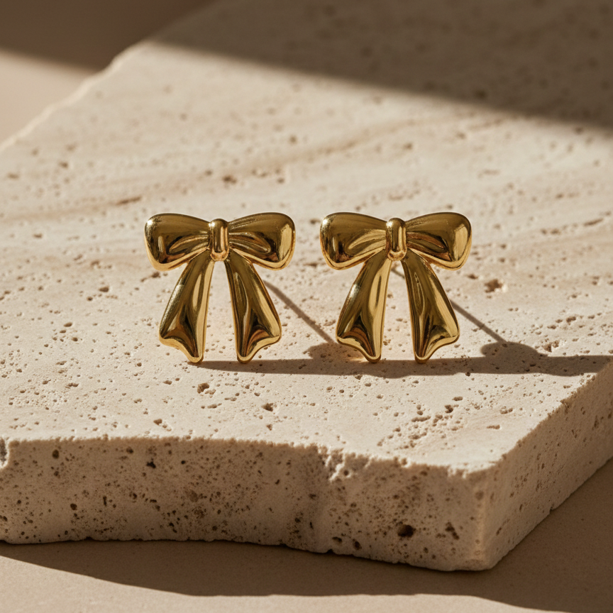 Large gold ribbon bow stud earrings on white background.