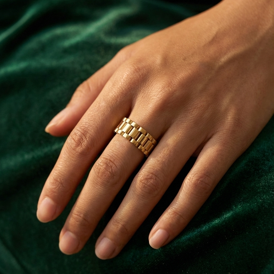 Chunky gold ring with watch strap link design on green silk fabric.