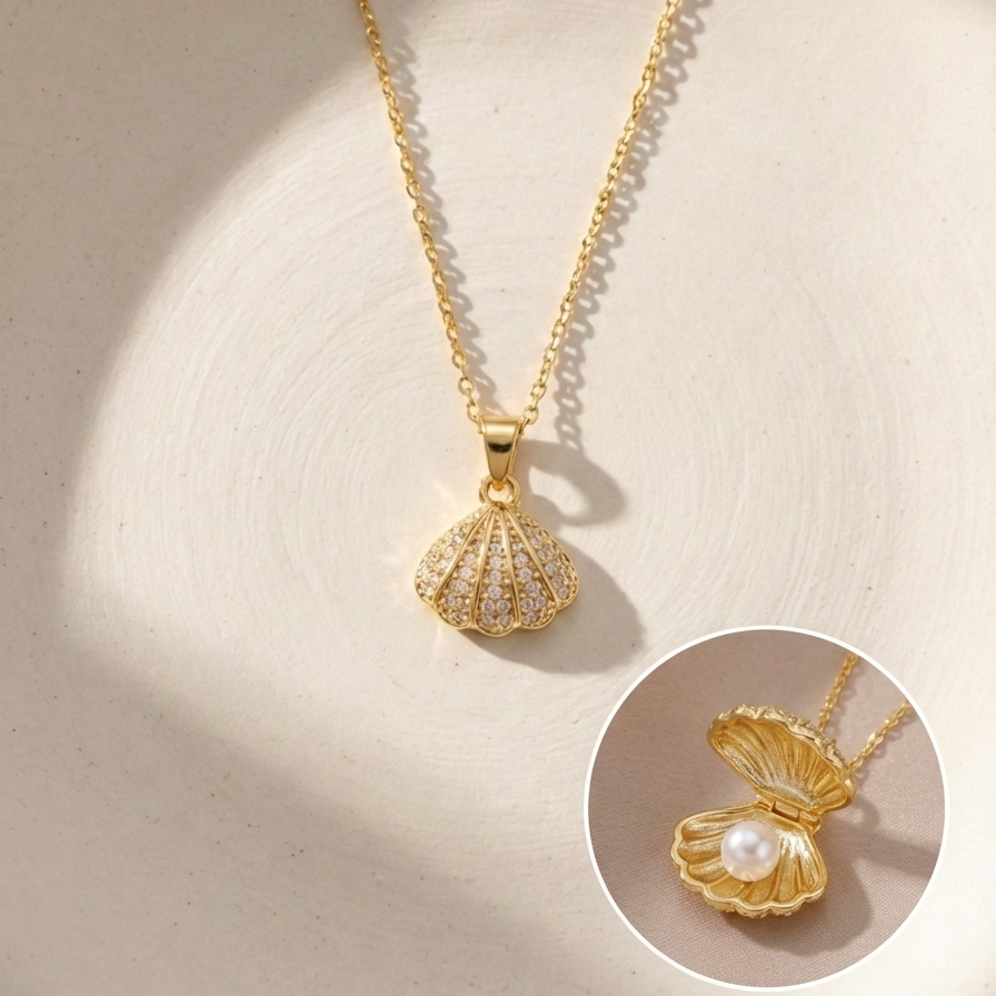 Gold shell locket necklace opened to reveal pearl inside on beige background.