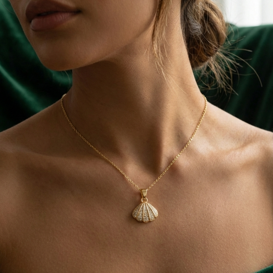 Gold shell locket necklace opened to reveal pearl inside on beige background.