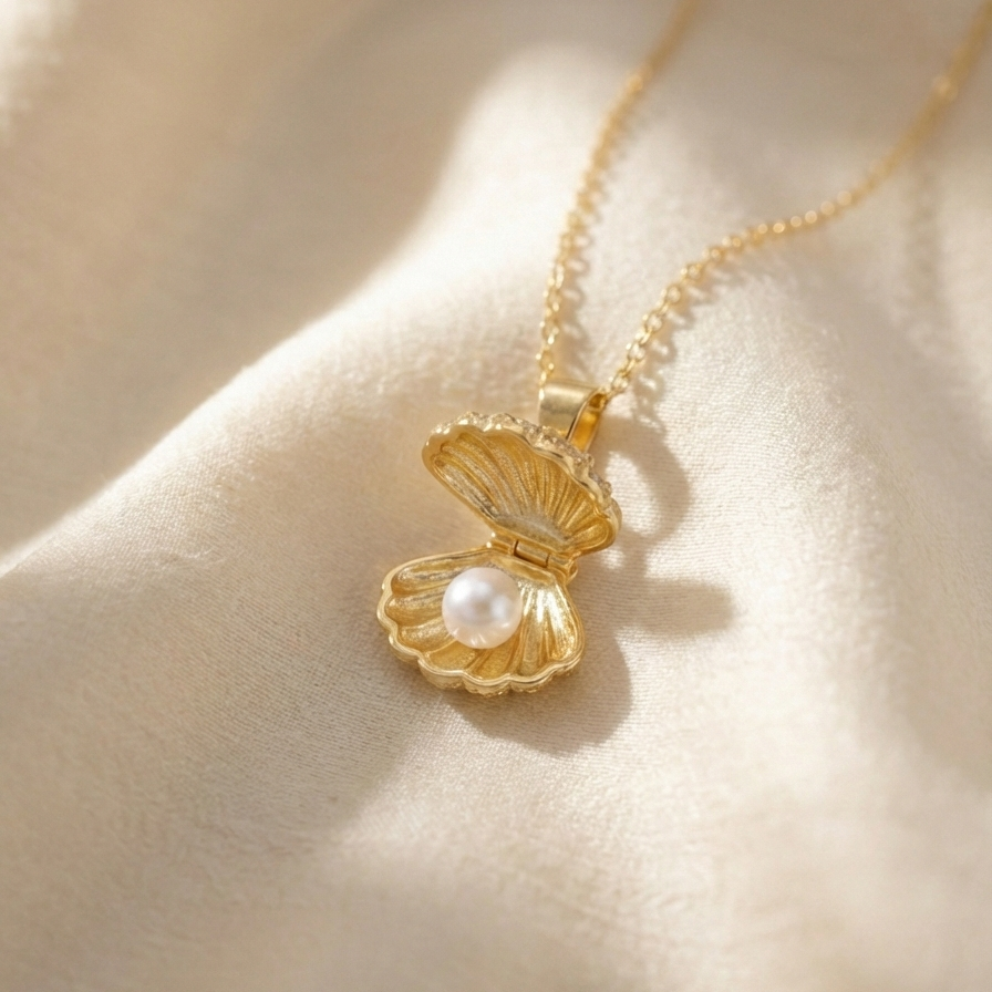 Gold shell locket necklace opened to reveal pearl inside on beige background.