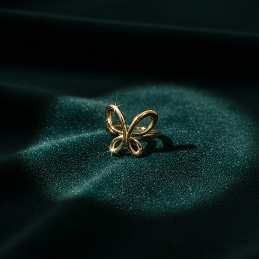 Gold ring with open wire butterfly design standing on white surface.