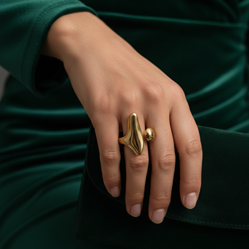 Abstract gold statement ring with elongated molten shape on white background.