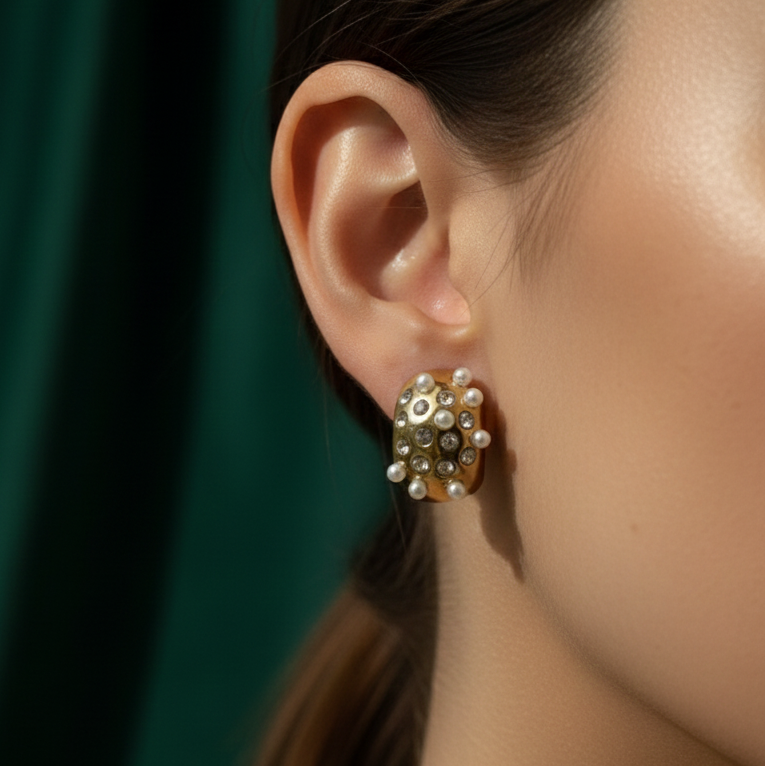 Gold huggie earrings with embedded white pearls and crystals on packaging.