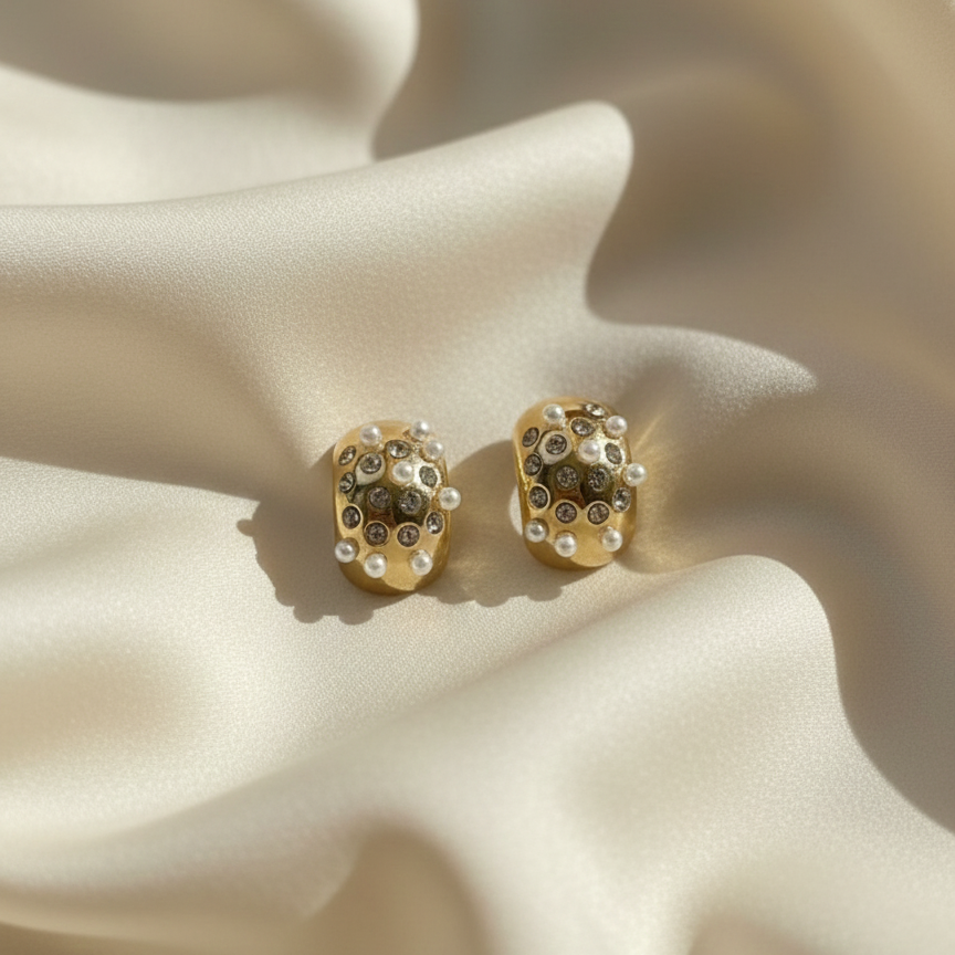 Gold huggie earrings with embedded white pearls and crystals on packaging.