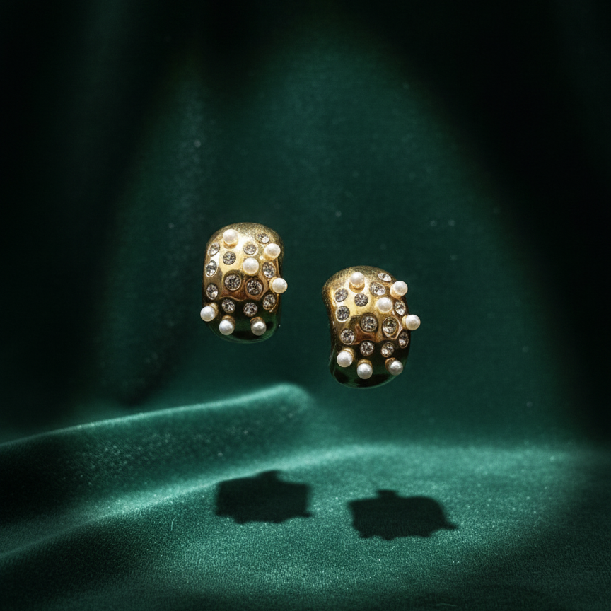 Gold huggie earrings with embedded white pearls and crystals on packaging.