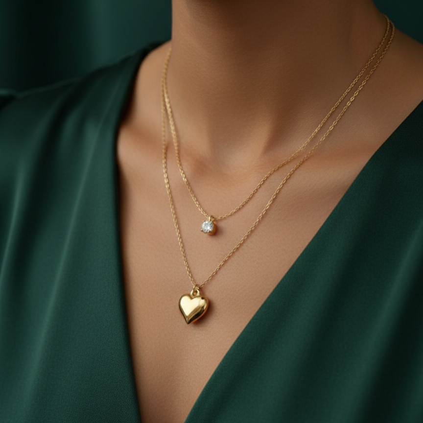 Double layered gold necklace with crystal solitaire and puffy heart pendant on beige plate.