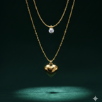 Double layered gold necklace with crystal solitaire and puffy heart pendant on beige plate.