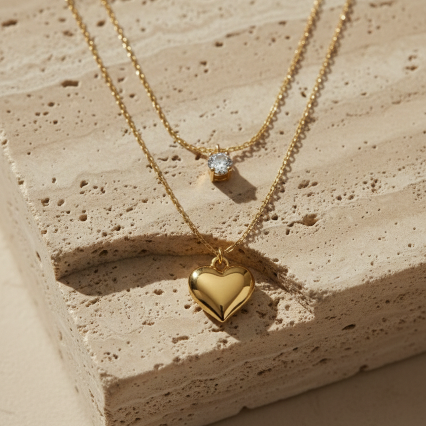 Double layered gold necklace with crystal solitaire and puffy heart pendant on beige plate.