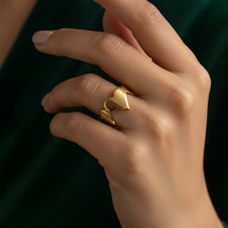 Gold heart shaped ring with crown details on beige background.