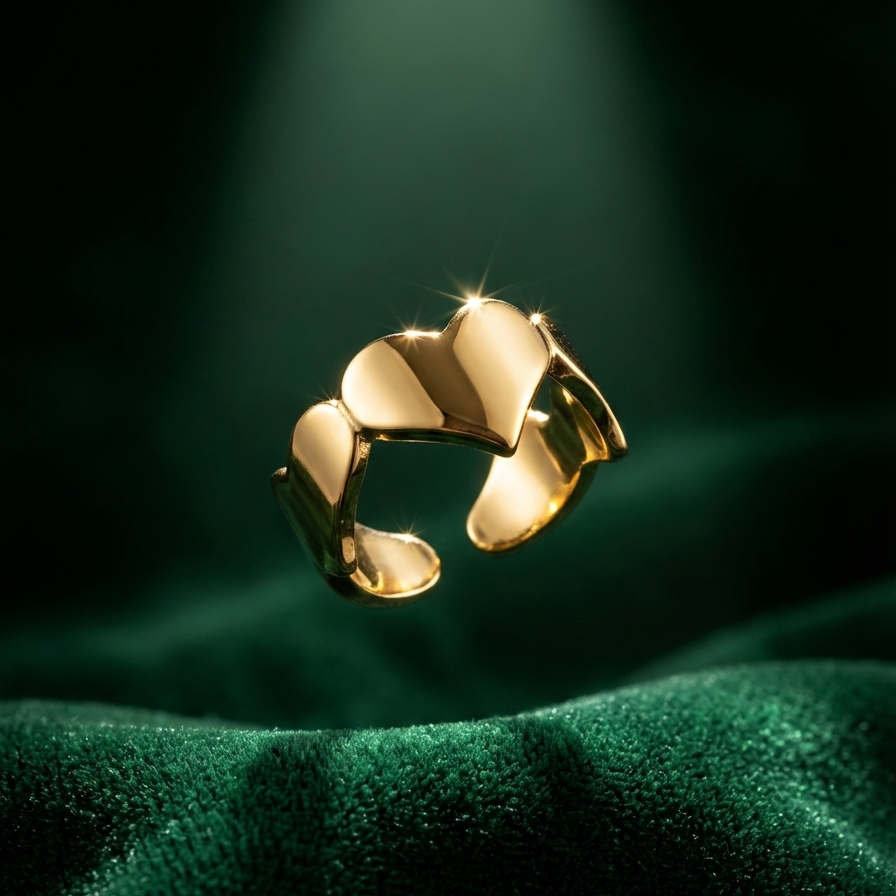 Gold heart shaped ring with crown details on beige background.