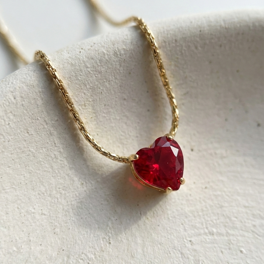 Gold necklace with faceted ruby red heart crystal pendant on white background.