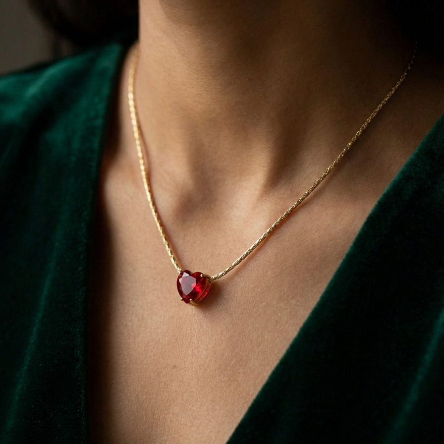 Gold necklace with faceted ruby red heart crystal pendant on white background.