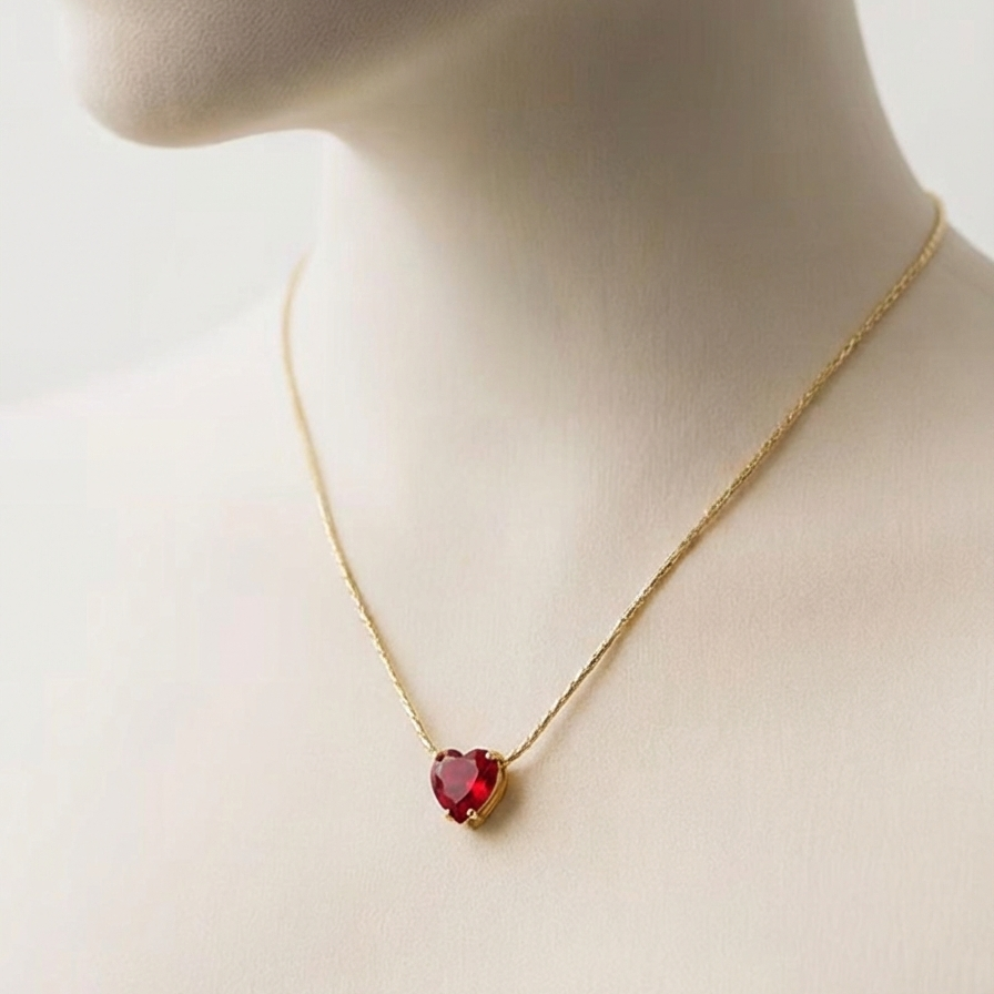 Gold necklace with faceted ruby red heart crystal pendant on white background.