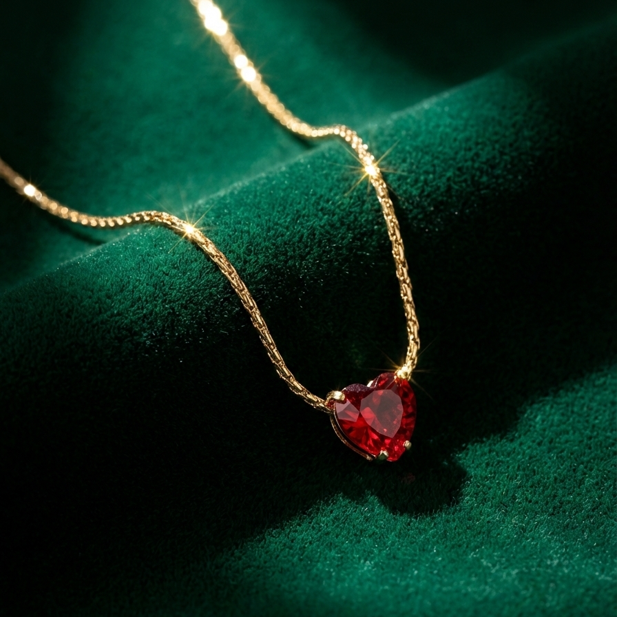 Gold necklace with faceted ruby red heart crystal pendant on white background.