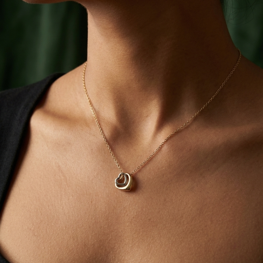 Close-up of a person wearing a gold necklace with a pendant.