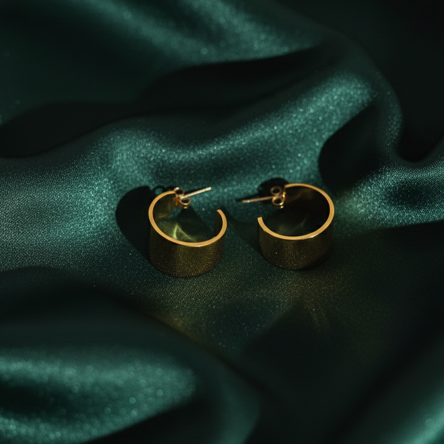 Wide sculpted gold huggie earrings on beige stone background.