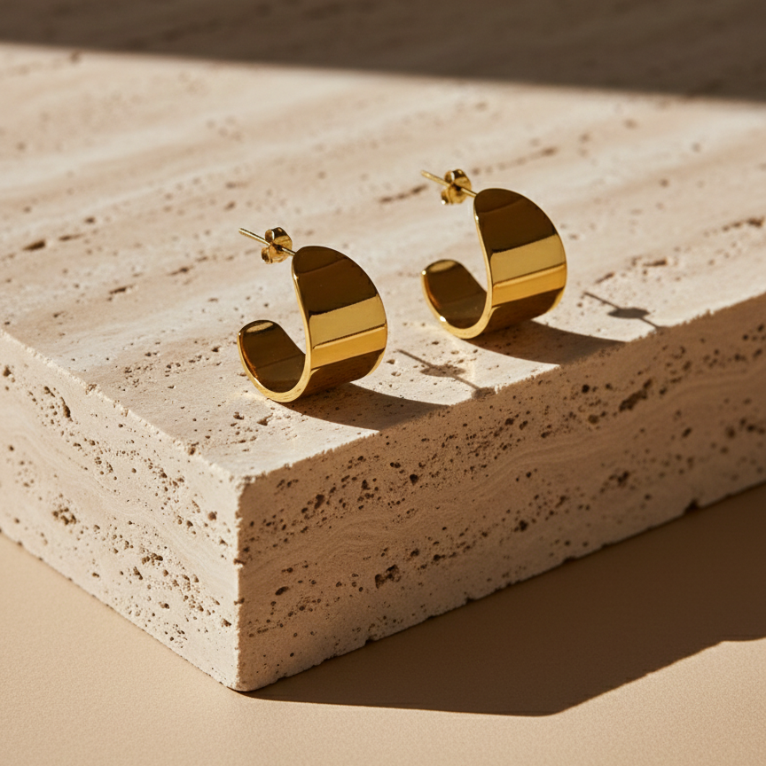 Wide sculpted gold huggie earrings on beige stone background.